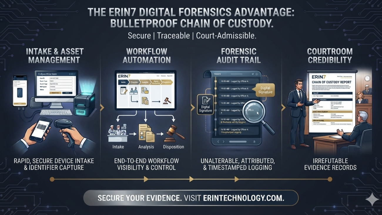 Infographic showing the ERIN7 digital forensics advantage: intake and asset management, workflow automation, forensic audit trail, and courtroom credibility for a bulletproof chain-of-custody