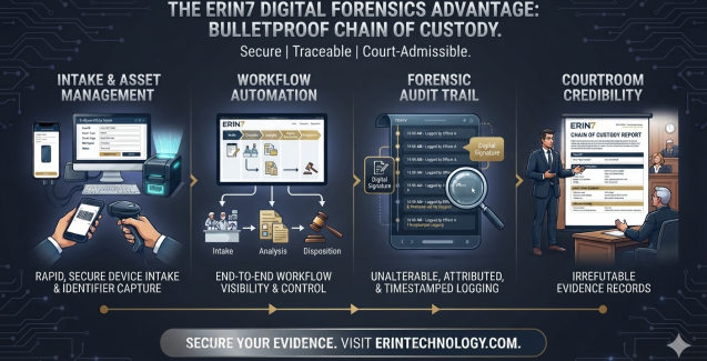 Infographic showing the ERIN7 digital forensics advantage: intake and asset management, workflow automation, forensic audit trail, and courtroom credibility for a bulletproof chain-of-custody