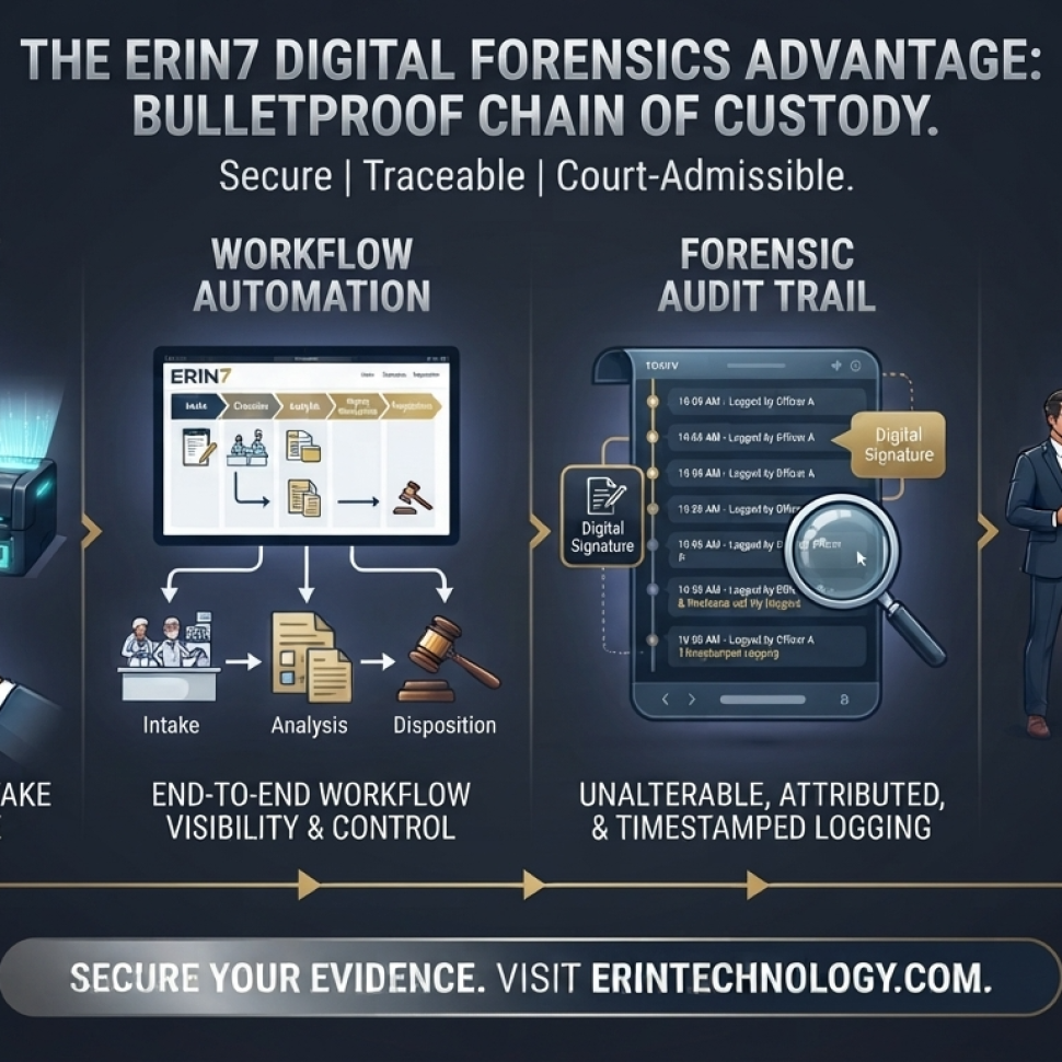 Infographic showing the ERIN7 digital forensics advantage: intake and asset management, workflow automation, forensic audit trail, and courtroom credibility for a bulletproof chain-of-custody