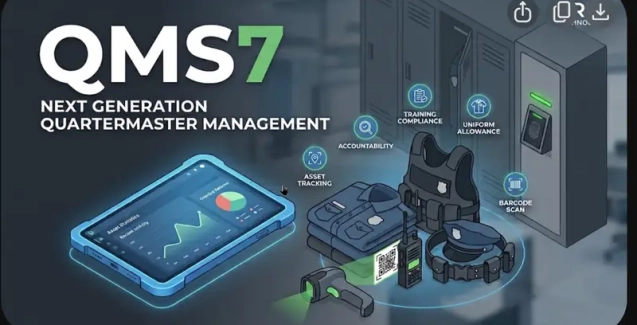 QMS7 quartermaster software banner showing asset tracking, barcode scanning, accountability, training compliance, and uniform allowance features for law enforcement