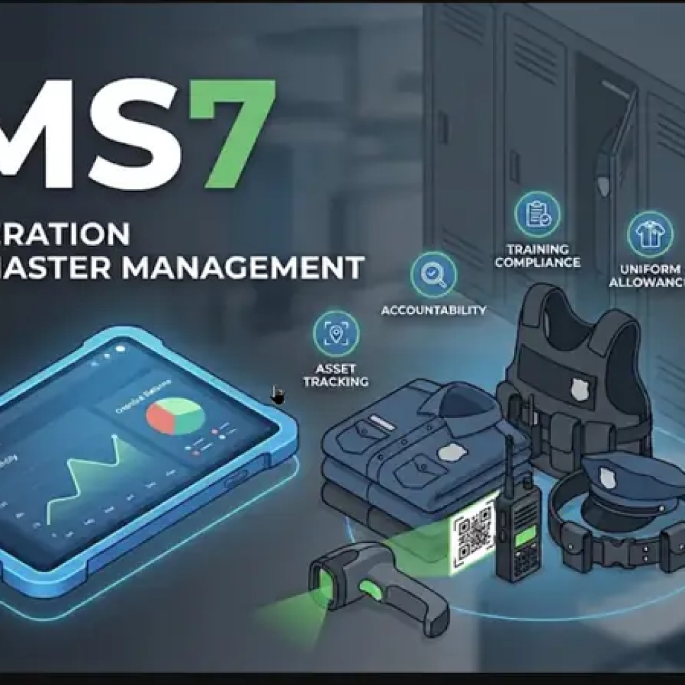 QMS7 quartermaster software banner showing asset tracking, barcode scanning, accountability, training compliance, and uniform allowance features for law enforcement