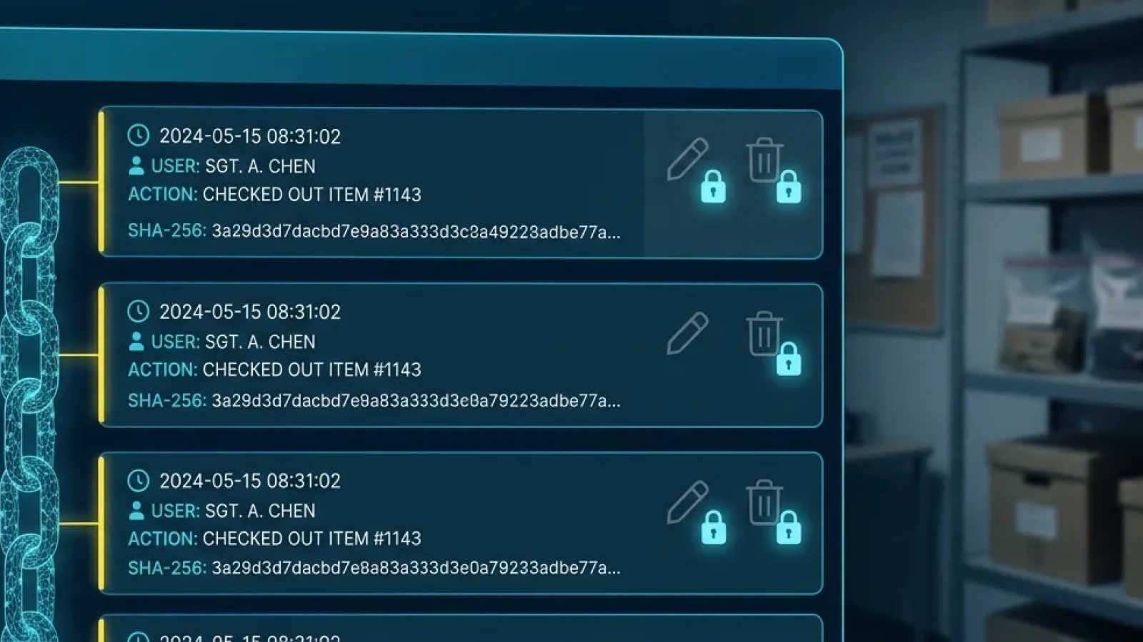 ERIN7's evidence audit trail showing an append-only, hash-chained chain-of-custody log