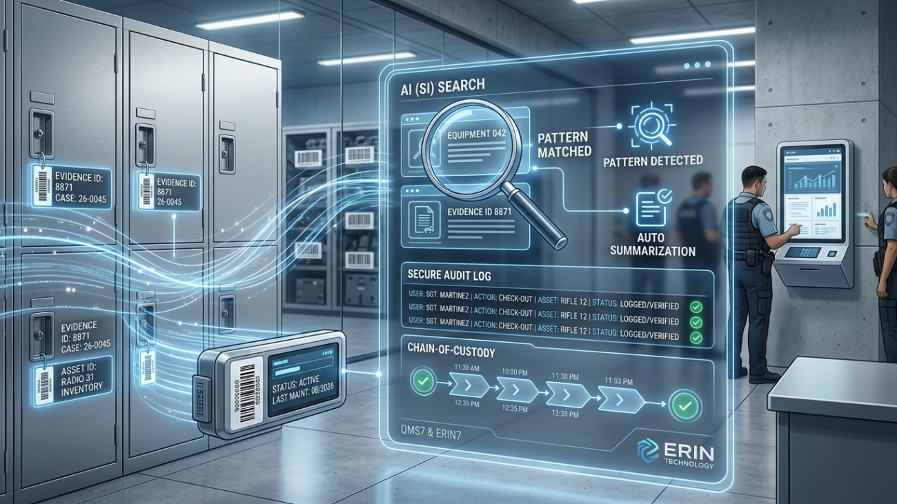 AI or SI-powered search, pattern matching, and secure audit logging shown on an evidence and asset tracking dashboard