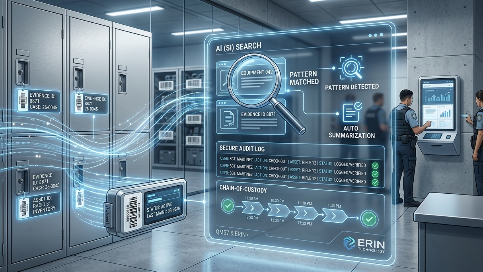 AI or SI-powered search, pattern matching, and secure audit logging shown on an evidence and asset tracking dashboard