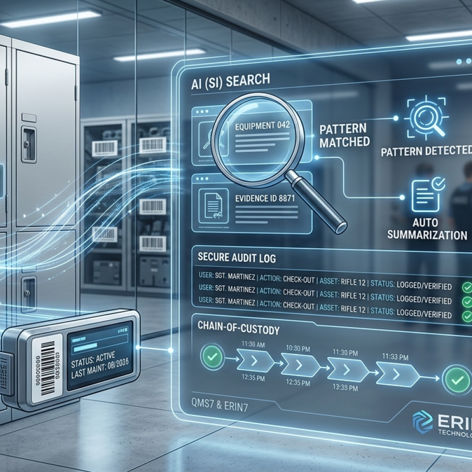 AI or SI-powered search, pattern matching, and secure audit logging shown on an evidence and asset tracking dashboard