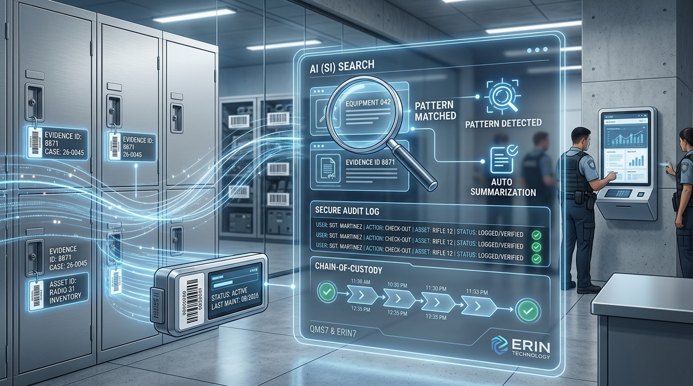 AI or SI-powered search, pattern matching, and secure audit logging shown on an evidence and asset tracking dashboard