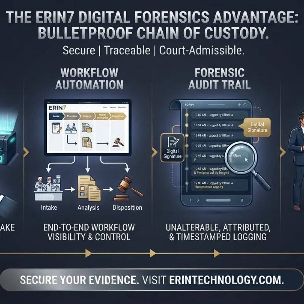 Infographic showing the ERIN7 digital forensics advantage: intake and asset management, workflow automation, forensic audit trail, and courtroom credibility for a bulletproof chain-of-custody
