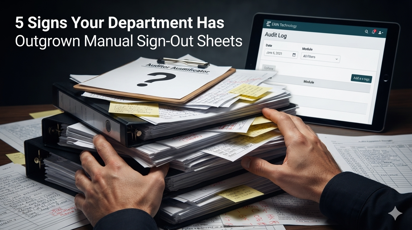 Hands digging through stacks of binders and sticky-note-covered paper sign-out sheets beside a tablet showing the ERIN7 Audit Log screen with date and module filters