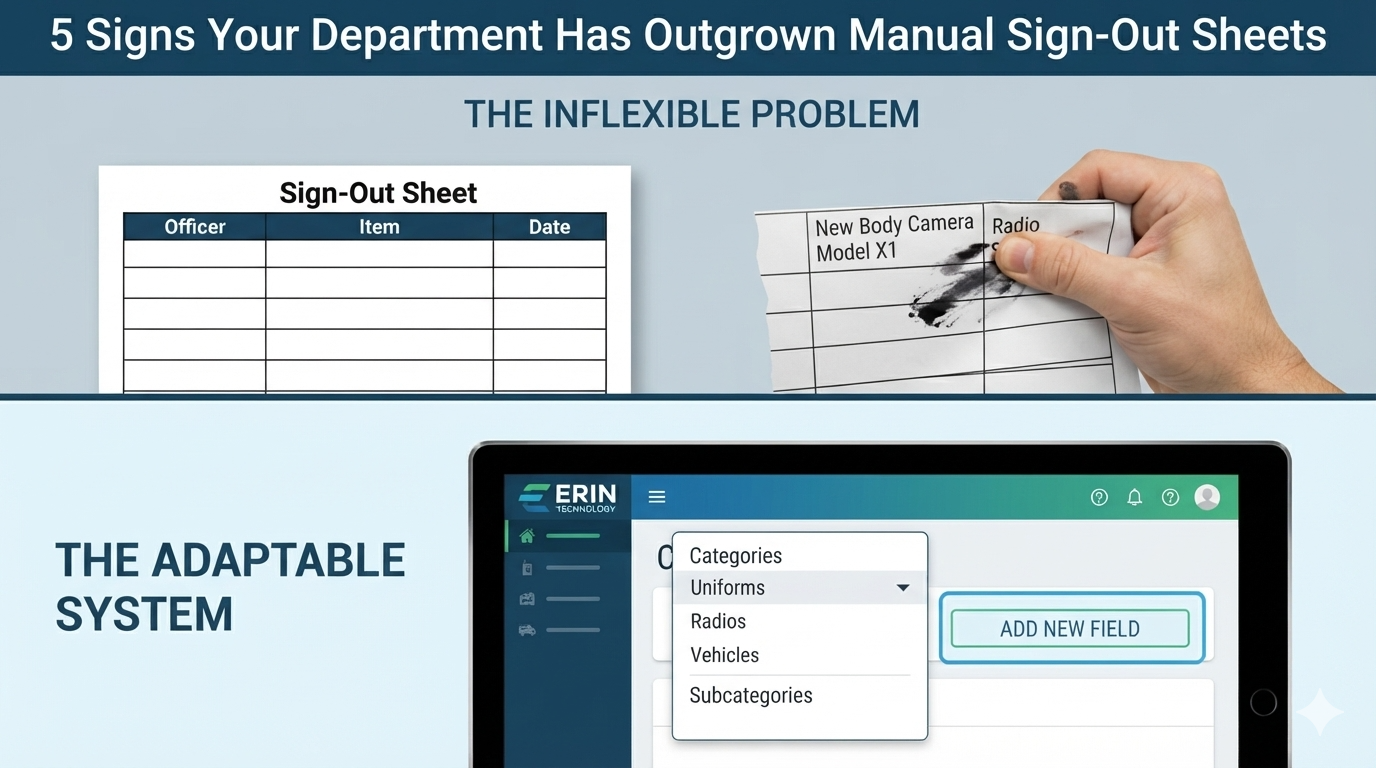 Split graphic comparing a rigid, torn paper sign-out sheet with the ERIN7 system's flexible Categories, Subcategories, and Add New Field options