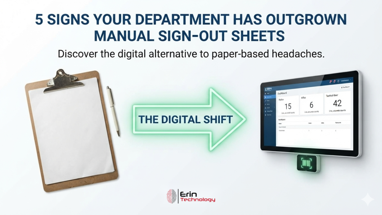 A clipboard and pen giving way to a wall-mounted ERIN7 dashboard tablet with barcode scanner, illustrating the shift from paper sign-out sheets to digital asset tracking