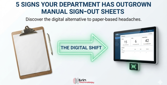 A clipboard and pen giving way to a wall-mounted ERIN7 dashboard tablet with barcode scanner, illustrating the shift from paper sign-out sheets to digital asset tracking
