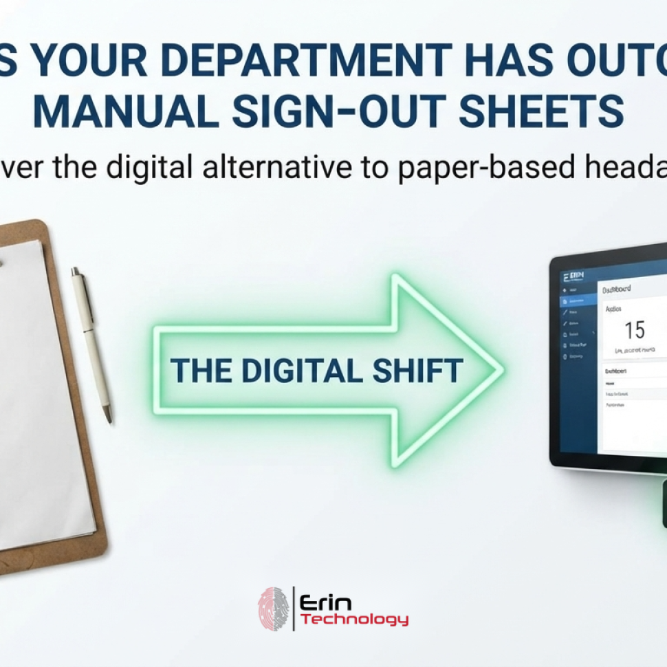 A clipboard and pen giving way to a wall-mounted ERIN7 dashboard tablet with barcode scanner, illustrating the shift from paper sign-out sheets to digital asset tracking