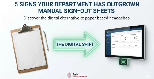 Homepage — Draft w/ Copy Suggestions 20 A clipboard and pen giving way to a wall-mounted ERIN7 dashboard tablet with barcode scanner, illustrating the shift from paper sign-out sheets to digital asset tracking